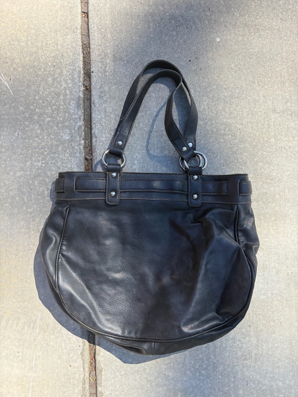 Nine West Black Leather Tote with Silver Ring Accents